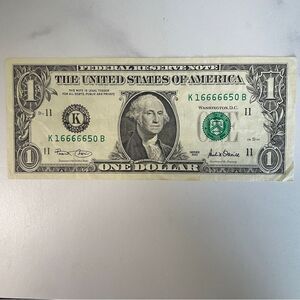2001 $1 Bill – Five in a Row 16666650 – Fancy Serial Number – Circulated